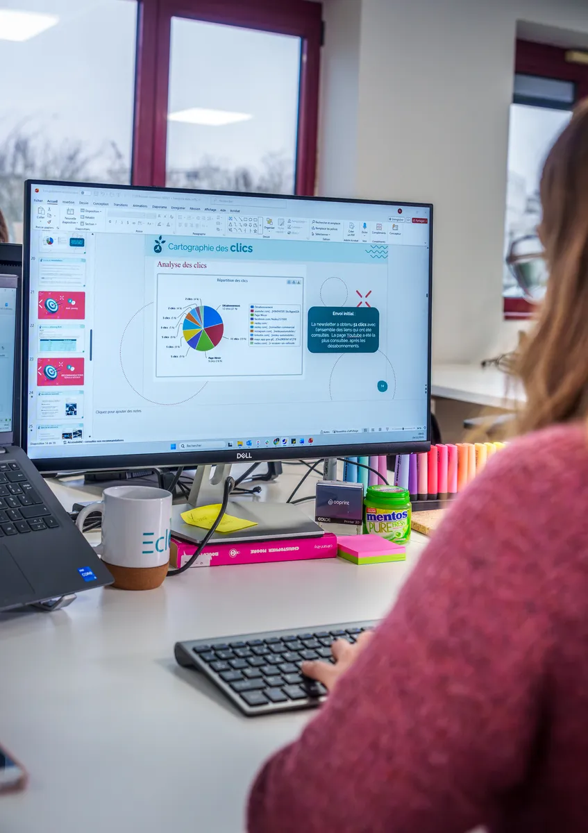 Rapport d'analyse des clics d'une newsletter affiché à l'écran, réalisé par l'équipe webmarketing EcloLINK