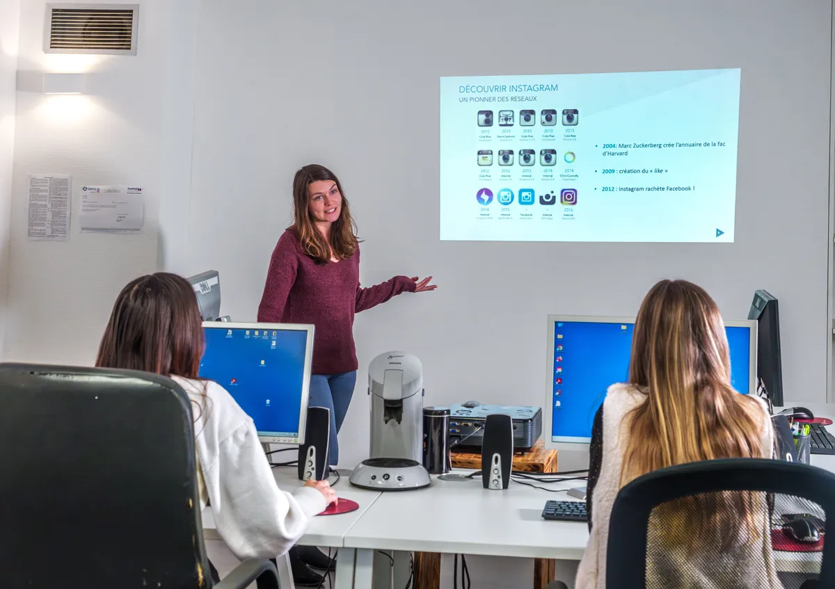 Formation EcloLINK sur l'histoire d'Instagram avec une frise chronologique de l'évolution du réseau social projetée au mur